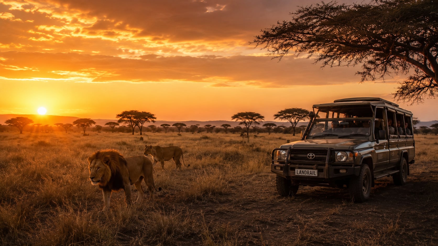 Lions beside a Land Rail safari vehicle on an East African savanna at golden hour