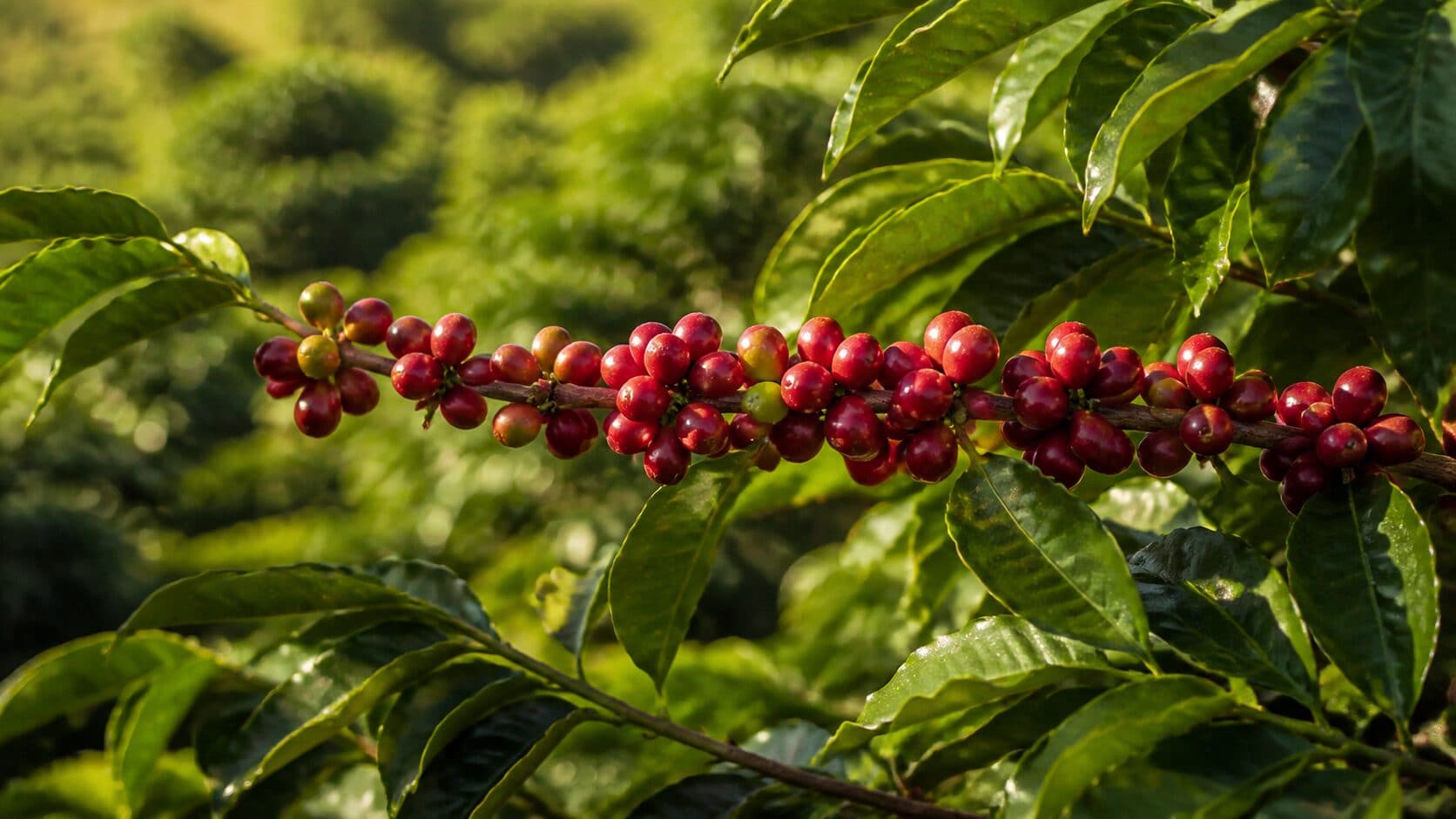 Ripe red coffee cherries growing among glossy green leaves